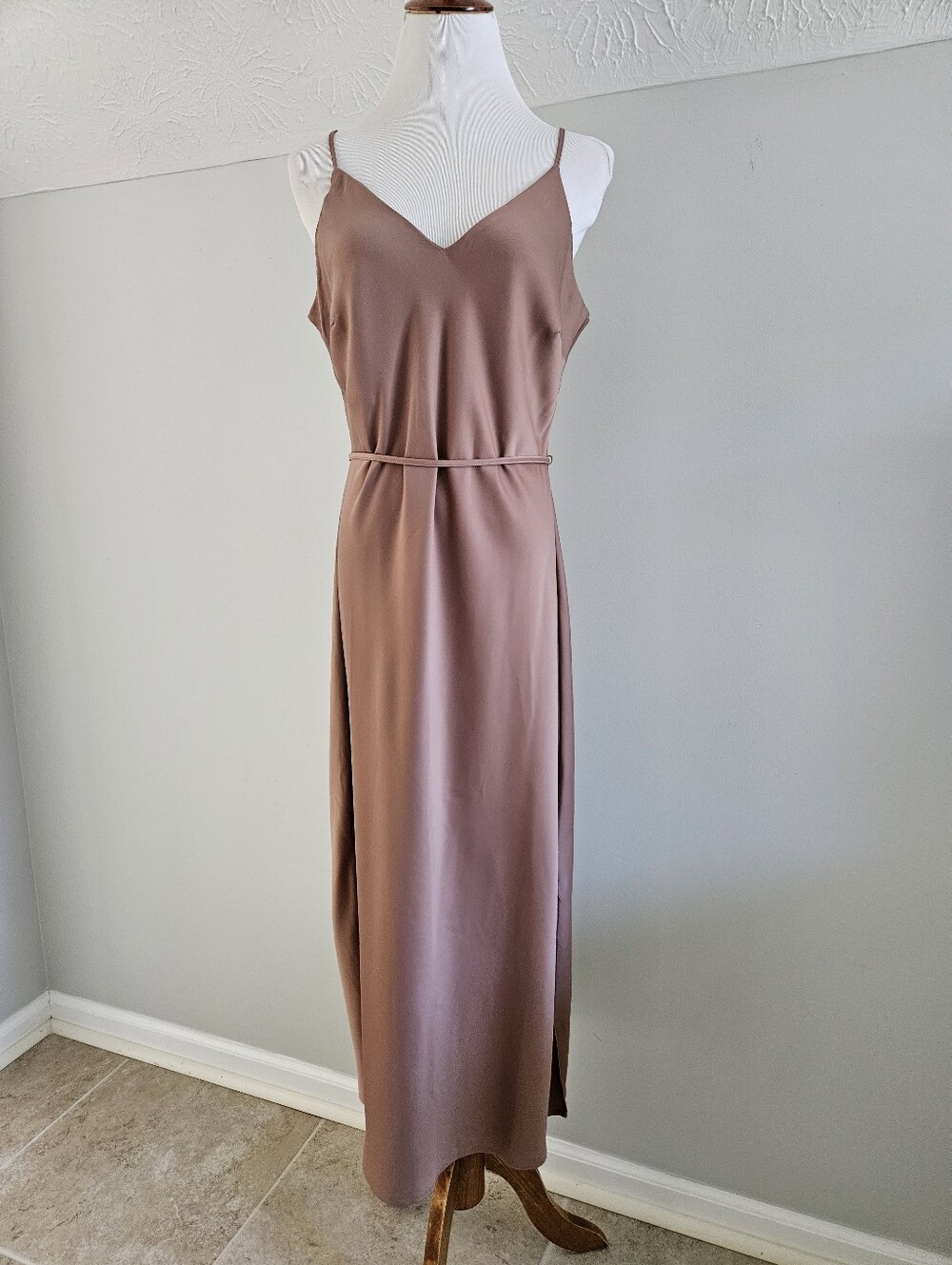 Prologue | Dusty Mauve Slip Maxi Dress with Slim Belt Tie